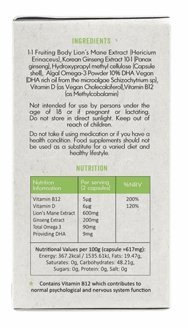 FOCUS Lion's Mane Mushrooms with Ginseng + Omega-3 60 Capsules - Image 2